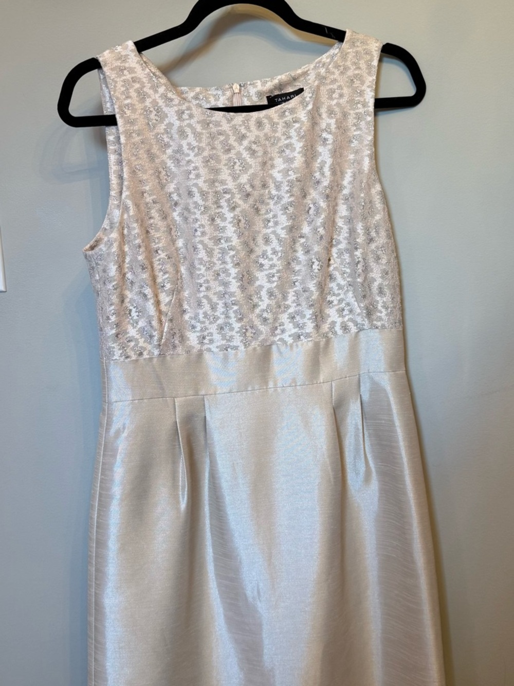 Tahari champagne leopard cocktail dress